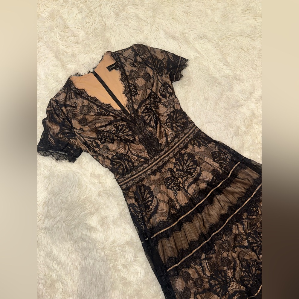 NWOT Tadashi Shoji Lace & Mesh black & nude Midi Cocktail Dress sz 6 - Picture 4 of 8